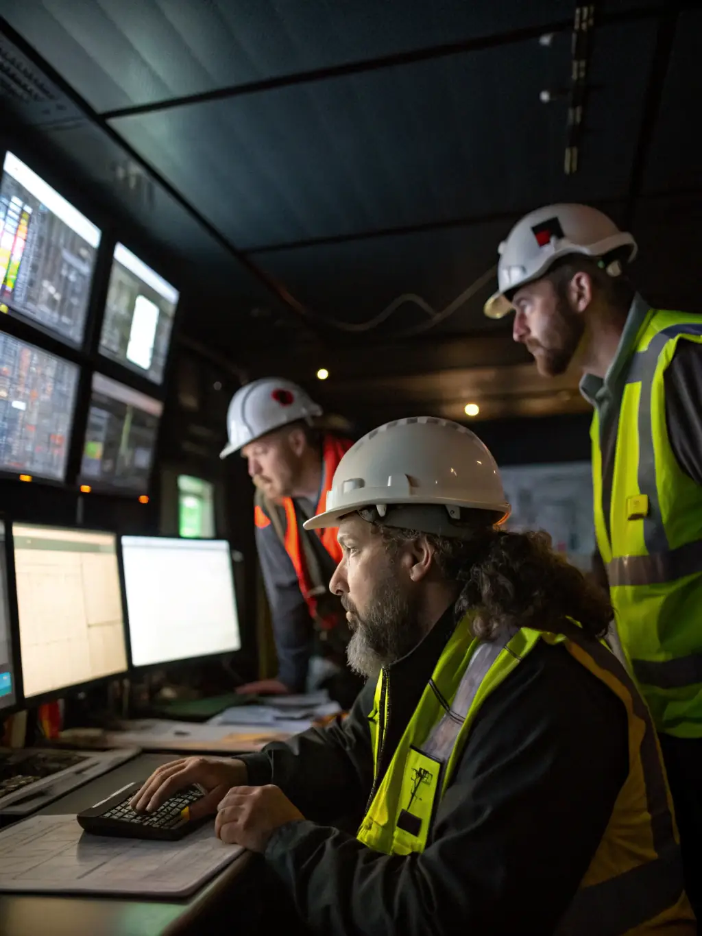 A close-up shot of a team of engineers monitoring data in a control room, highlighting the use of advanced analytics and real-time monitoring systems.