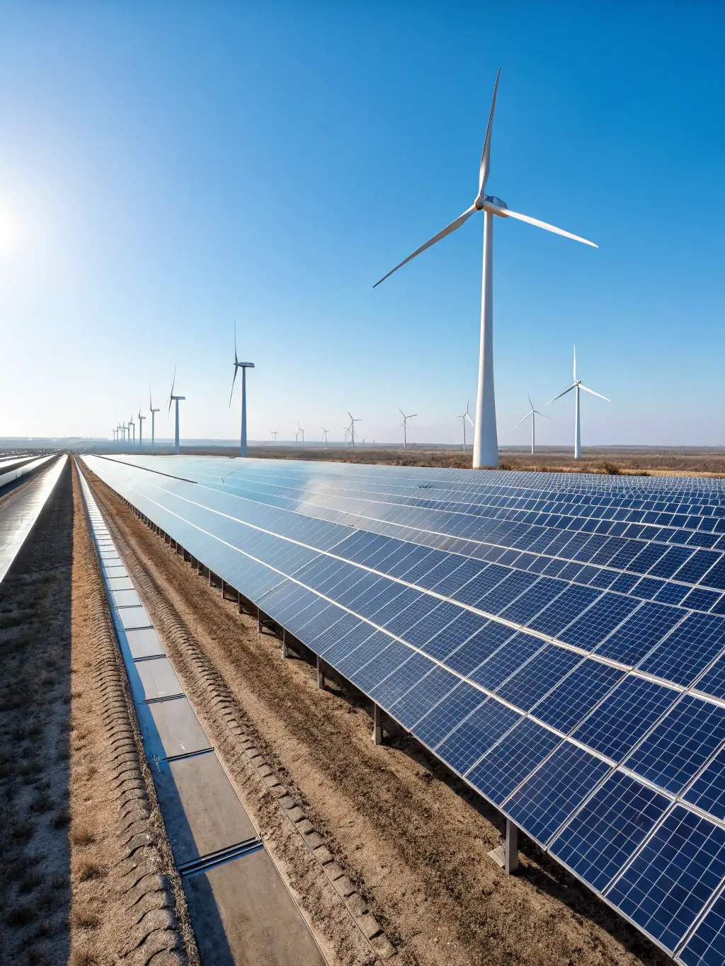A panoramic view of wind turbines and solar panels in a green landscape, symbolizing renewable energy.