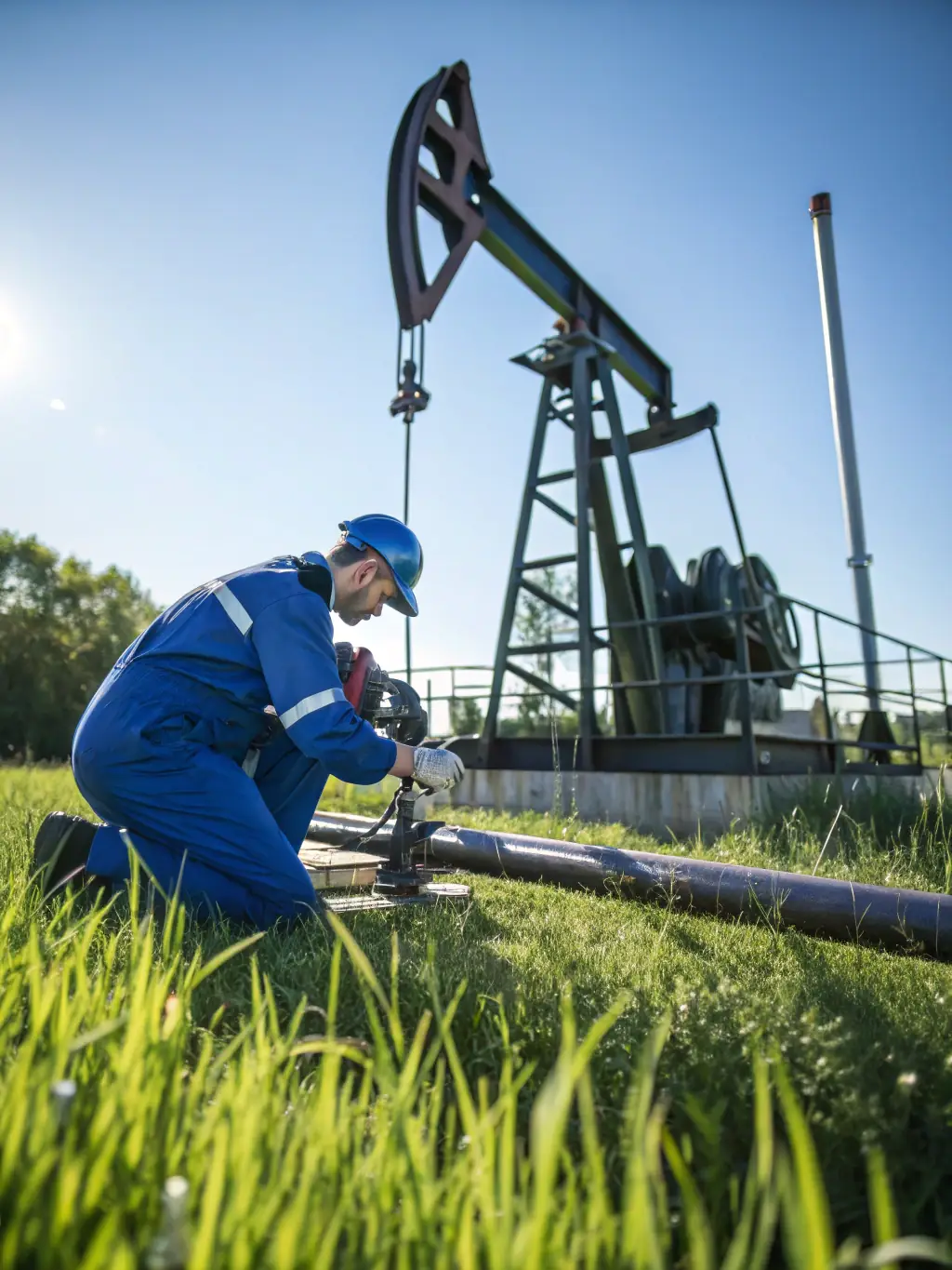 An image of a technician inspecting equipment at an oil and gas extraction site, ensuring compliance with safety and environmental regulations.
