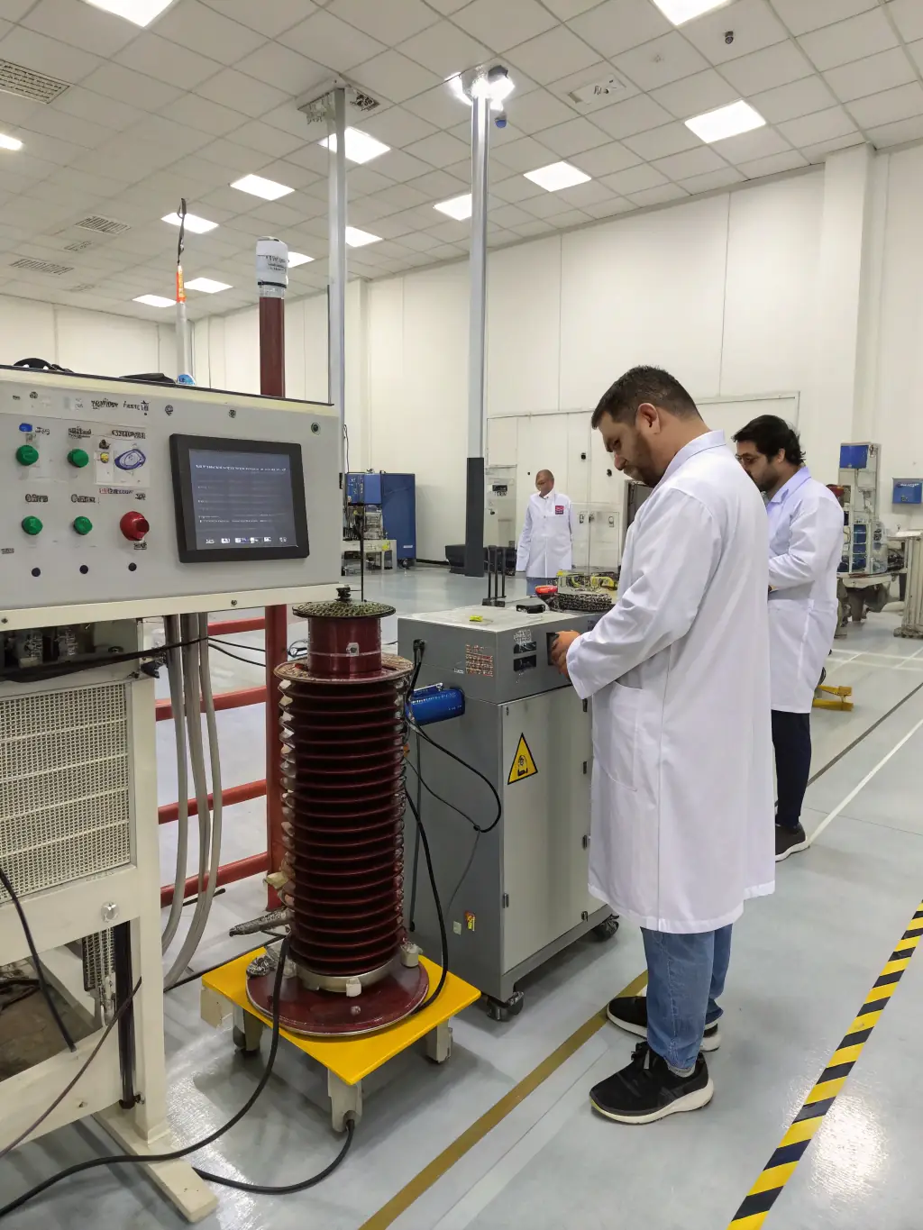 A laboratory setting with a technician testing the properties of transformer oil, emphasizing the rigorous quality control measures taken to ensure compliance with international standards.