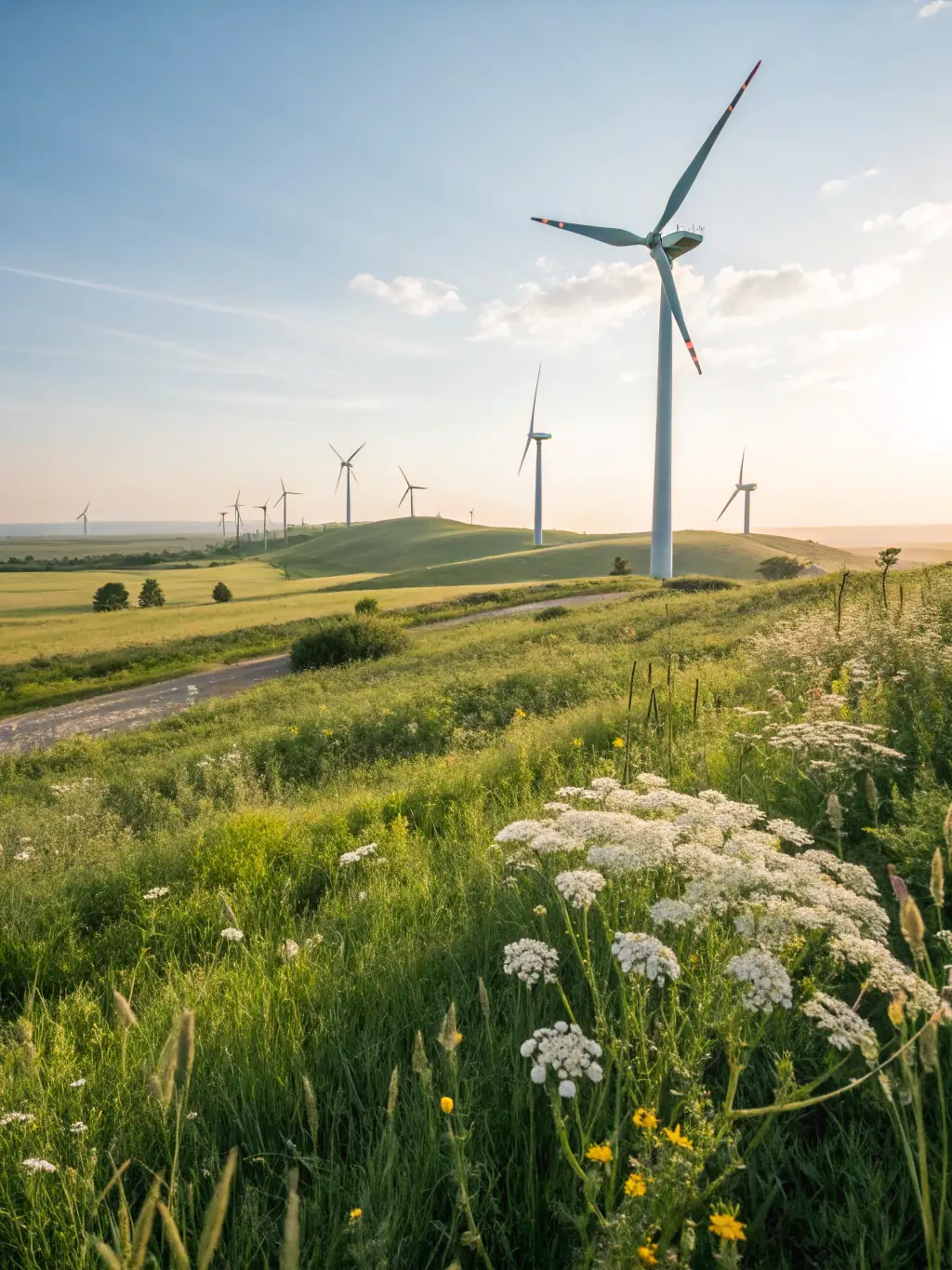 An aerial view of a wind turbine farm, highlighting the use of specialized oils in the turbine's gearbox to ensure smooth and efficient operation, even in harsh weather conditions.